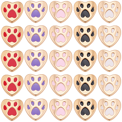 Couleur Mélangete 50pcs 5 perles d'émail en alliage de couleurs, coeur avec motif empreinte de patte, or, couleur mixte, 11x11.5x3mm, Trou: 1mm, 10 pcs / couleur