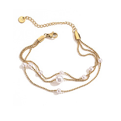 Настоящее золото 18K Многорядные браслеты из нержавеющей стали для женщин, с имитацией жемчужина бисера, круглые, реальный 18 k позолоченный, 6-3/4 дюйм (17 см)