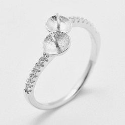 Platinum Adjustable Rhodium Plated 925 Sterling Silver Cuff Rings, Design Ring Mounts Fittings with Pearl Seat, For Half Drilled Beads, Platinum, Size 8, 18mm, Tray: 5mm and 6mm, Pin: 0.5mm