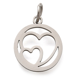 Нержавеющая Сталь Цвет 304 прелести нержавеющей стали, с целью перехода в кольце, плоский круглый с подвеской в виде сердца, лазерная резка, цвет нержавеющей стали, 14x12x1 мм, отверстие : 3 мм