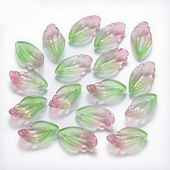 Зеленый Двухцветные стеклянные подвески, с блеском порошок, матовые, лист, зелёные, 22.5x12.5x5.5 мм, отверстие : 1 мм