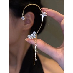 Light Gold Модные латунные серьги-каффы с кисточками, с высоким чувством изгиба, со стразами, бабочка, золотой свет, 110x45 мм