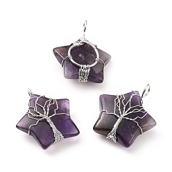 Amethyst Natural Amethyst Pendants, with Platinum Tone Copper Wire Wrapped, Cadmium Free & Lead Free, Star, 34~37.5x29~31x10~12mm, Hole: 5~6mm