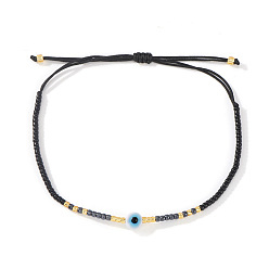 Черный Плетеные браслеты из стеклянных бус, ювелирные изделия из смолы от сглаза для дружбы пары, чёрные, внутренний диаметр: 11 дюйм (28 см)