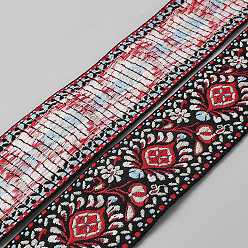 Crimson Ethnic Style Floral Pattern Embroidery Polyester Ribbons, Jacquard Ribbon, Garment Accessories, Crimson, 1-7/8 inch(49mm), about 2 yards/roll