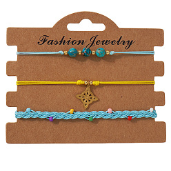 Mixed Color Summer Beach Style Adjustable Synthetic Green Turquoise Imperial Stone Beaded Bracelet Set, Stainless Steel Knot Charm Adjustable Stackable Bracelets, Golden, with Paper Display Cards, Mixed Color, 11.02 inch(28cm), 3pcs/set