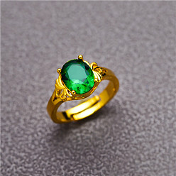 Зеленый Овальные латунные кольца с кубическим цирконием, золотые, зелёные, внутренний диаметр: регулируемый