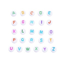 Letter A~Z Alphabet Acrylic Beads, Horizontal Hole, Flat Round, Mixed Color, Letter A~Z, 7x3.5~4mm, Hole: 1.2mm, about 20pcs/letter, 26letters, 520pcs/set.