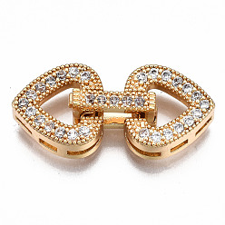 Real 18K Gold Plated Brass Micro Pave Clear Cubic Zirconia Fold Over Clasps, Nickel Free, Heart, Real 18K Gold Plated, 25mm long, Heart: 11x11.5x4mm, Inner Diameter: 4.5x6mm, Clasps: 11x5x2.5mm