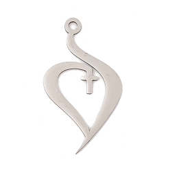 Нержавеющая Сталь Цвет 201 подвески из нержавеющей стали, лазерная резка, сердце с крестиком, цвет нержавеющей стали, 40.5x23x1 мм, отверстие : 2.5 мм