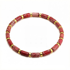 Imperial Jasper Boho Dyed Natural Imperial Jasper Column Beaded Stretch Bracelets, Golden, Cerise, 7.48 inch(19cm)