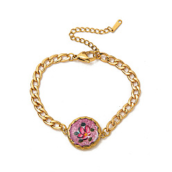 Золотой 304 из нержавеющей стали эмаль ссылка браслеты, браслеты из цепочек панцирного плетения для женщин, цветок, слива, золотые, 7.09 дюйм (18 см)