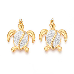 Настоящее золото 18K Ионное покрытие (ip) 304 подвески из нержавеющей стали и полимерной глины со стразами, черепаха, с целью перехода в кольце, реальный 18 k позолоченный, 30.5x24x4.5 мм, отверстие : 2.5 мм
