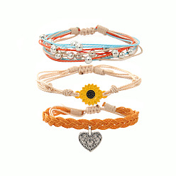 Сэнди Коричневый 3шт. набор браслетов из плетеных бусин и сплава в форме сердца и вощеного шнура, античное серебро, песчаный коричневый, 11 дюйм (28 см)