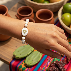 Морская Ракушка Круглые браслеты из натуральных ракушек и синтетических немагнитных бусин из гематита, изготовленные на резинке., Овальное украшение с солнечными лучами для женщин, цвет морской раковины, 6.89 дюйм (17.5 см)