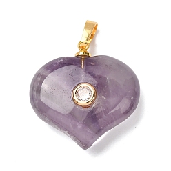 Аметист Подвески из натурального полосатого аметиста, подвески в форме сердца с латунной микрофиброй и фианитами, золотые, 25.5x25x9 мм, отверстие : 6.5x4 мм