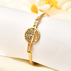 Tree of Life 201 плоские круглые браслеты из нержавеющей стали для женщин, реальный 18 k позолоченный, древо жизни, 1/8 дюйм (0.4 см), внутренний диаметр: 2 дюйм (5.1 см) x 2-5/8 дюйм (6.6 см)