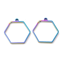 Rainbow Color 304 шестигранные подвески с открытой задней панелью из нержавеющей стали, для diy уф смолы, эпоксидная смола, Прессованные цветочные украшения, Радуга цветов, 28x28x3 мм, отверстие : 2.2 мм, внутренний диаметр: 23x26 мм