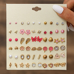 Светло-Вишневый 30пары комплектов серег-гвоздиков из сплава и пластика с имитацией жемчуга и страз, золотые, светло-вишневый, 108x115 мм