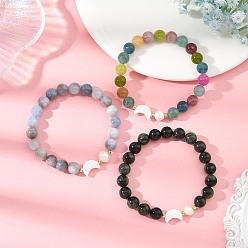 Mixed Color Round Natural Mixed Gemstone & Natural Shell & Pearl Beaded Stretch Bracelets, Golden, Mixed Dyed and Undyed, Mixed Color, Inner Diameter: 1.93 inch(4.9cm)