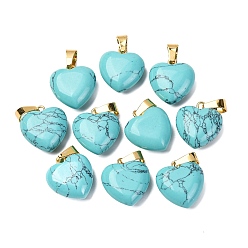 Синтетическая Бирюза Синтетические бирюзовые подвески, с фурнитурой латунной золотого тона, шарма сердца, 18x15~15.5x6~8 мм, отверстие : 6x3 мм