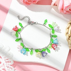 Разноцветный Латунные звенья цепи браслеты с подвесками, браслеты с подвесками в виде цветка из акрила для женщин, с АБС-пластиком и стеклянными бусинами, красочный, 7-3/8 дюйм (18.6 см)