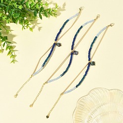 Mixed Shapes Natural Paua Shell Charm Dyed Natural Malaysia Jade Faceted Rondelle Bracelets with 304 Stainless Steel Chains for Women, Real 18K Gold Plated, Blue, Mixed Shapes, 7.87 inch(20cm)