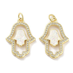 Белый Латунные микропаве прозрачные подвески с фианитом, без кадмия и без свинца, с синтетическим опалом и кольцами-прыгунами, реальный 18 k позолоченный, hamsa hand charms, белые, 24x17x3 мм, отверстие : 3 мм
