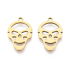 Настоящее золото 18K 201 подвески из нержавеющей стали, череп прелести, лазерная резка, реальный 18 k позолоченный, 18x12.5x1 мм, отверстие : 1.4 мм