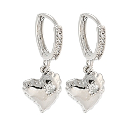 Платина Серьги-кольца с подвесками из латуни с микро-паве в форме сердца для женщин с кубическим цирконием, платина, 25.5x5 мм