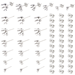 Stainless Steel Color 60Pcs 6 Style 304 Stainless Steel Stud Earring Settings, Prong Earring Settings, Flat Round with Loop, with 60Pcs Ear Nuts, Stainless Steel Color, about: 3~10mm Rhinestone, 5.5~12x3~9mm, Hole: 1.8mm, Pin: 0.8mm, 10pcs/style