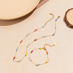 Разноцветный 201 набор браслетов и ожерелий из прямоугольных звеньев цепи из нержавеющей стали и стекла для женщин, красочный