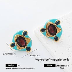 Golden 304 Stainless Steel Enamel Stud Earrings for Women, Nuggets with Oval, with Resin, Golden, 27x27mm