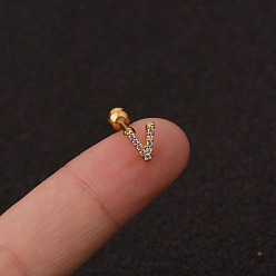Letter V 316l серьги для хряща из хирургической нержавеющей стали с микропаве из прозрачного кубического циркония, золотые, Буква V, 6 мм, штифты : 1.2 мм
