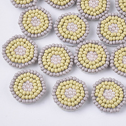 Light Khaki Glass Seed Beaded Cloth Patches, Cluster Beads, with Non-Woven Fabric, Flat Round, Light Khaki, 17~18x3.5~4mm