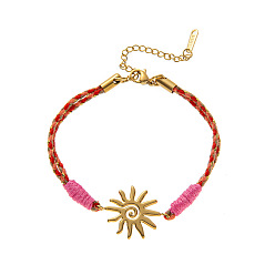 Солнце 304 браслеты из нержавеющей стали и хлопкового шнура, реальный 18 k позолоченный, солнце, 6.30 дюйм (16 см)