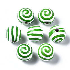 Зеленый Расписные европейские бусины из натурального дерева, бусины с большим отверстием, напечатанный, круглый с полосой, зелёные, 16x15 мм, отверстие : 4 мм