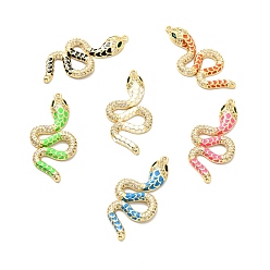 Mixed Color Brass Micro Pave Clear Cubic Zirconia Pendants, with Enamel, Cadmium Free & Lead Free, Golden, Snake, Mixed Color, 36.5x17x3.5mm, Hole: 1.2mm