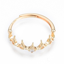 Real 18K Gold Plated Brass Micro Clear Cubic Zirconia Adjustable Ring Settings, For Half Drilled Beads, Nickel Free, Crown, Real 18K Gold Plated, US Size 6 3/4(17.1mm), Pin: 0.8mm(for half drilled beads)