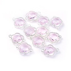 Pink Соединители стеклянные ссылки, с фурнитурой Berzel с открытой спиной из экологически чистого сплава, граненые, цветок, серебряный цвет гальваническим, розовые, 15.5x12x3 мм, отверстие : 1.4 мм