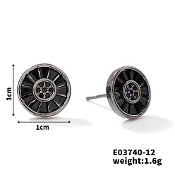 Черный Шикарные серьги-гвоздики из латуни с кубическим цирконием, модные и универсальные аксессуары, плоско-круглые, чёрные, 10x10 мм