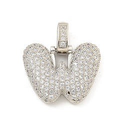 Letter W Латунные микропаве прозрачные подвески с фианитом, без кадмия, без никеля и без свинца, платина, Буква W, 31x20x5 мм, отверстие : 3x6 мм