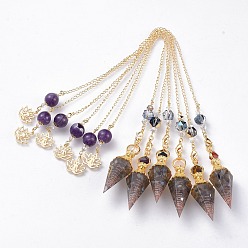 Лабрадорита Маятники для биолокации с шестигранной головкой из смолы (латунная находка и драгоценный камень внутри), с латунной цепью, чакра, граненые, конус, золотые, 360 мм