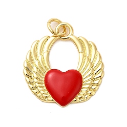 Красный Латунь эмаль подвески, без кадмия, без никеля и без свинца, с прыжковых колец, реальный 18 k позолоченный, сердце с крыла прелести, красные, 20.5x19x3 мм, отверстие : 3.5 мм