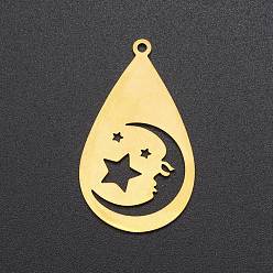 Golden 201 Stainless Steel Pendants, Laser Cut, Teardrop with Moon & Star, Golden, 38x22x1mm, Hole: 1.8mm