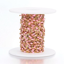 Pearl Pink Ion Plating(IP) 304 Stainless Steel Link Chains, with Spool, with Enamel, Soldered, Pearl Pink, 4~10x2x0.4~2mm, about 32.8 Feet(10m)/roll