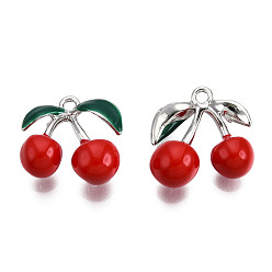 Красный Стойки обшивки сплава эмали подвески, без кадмия и без свинца, черри прелести, платина, красные, 14.5x15x7 мм, отверстие : 1.4 мм