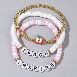 Pink Teachers' Day Plastic Letter Inspire Teach Polymer Clay Heishi Beaded Stretch Bracelet Sets, Red Apple 3-Strand Adjustable Stackable Bracelets, Pink, 6.89 inch(17.5cm), 3pcs/set