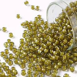 (246) Inside Color Luster Black Diamond/Opaque Yellow Lined Круглые бусины toho, японский бисер, (246) внутренний цвет глянцевый черный бриллиант / непрозрачная желтая подкладка, 8/0, 3 мм, отверстие : 1 мм, Около 1110 шт / 50 г