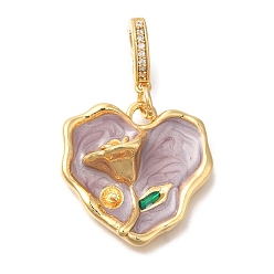 Настоящее золото 18K Латунные микро-паве прозрачные кубические цирконии европейские подвески-шармы, эмалированные колышки, за половину пробурено бисера, без кадмия, без никеля и без свинца, сердце с цветочными подвесками, реальный 18 k позолоченный, лоток : 3.5 мм, 33.5x21.5x7.5 мм, отверстие : 6x3.5 мм, штифты : 0.7 мм